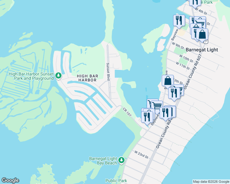 map of restaurants, bars, coffee shops, grocery stores, and more near 5 Sunset Boulevard in Long Beach