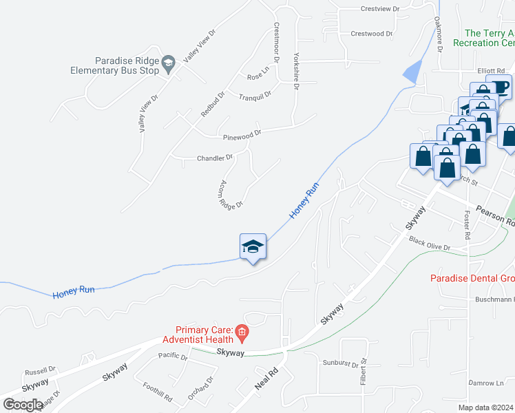 map of restaurants, bars, coffee shops, grocery stores, and more near 5803 Acorn Ridge Drive in Paradise