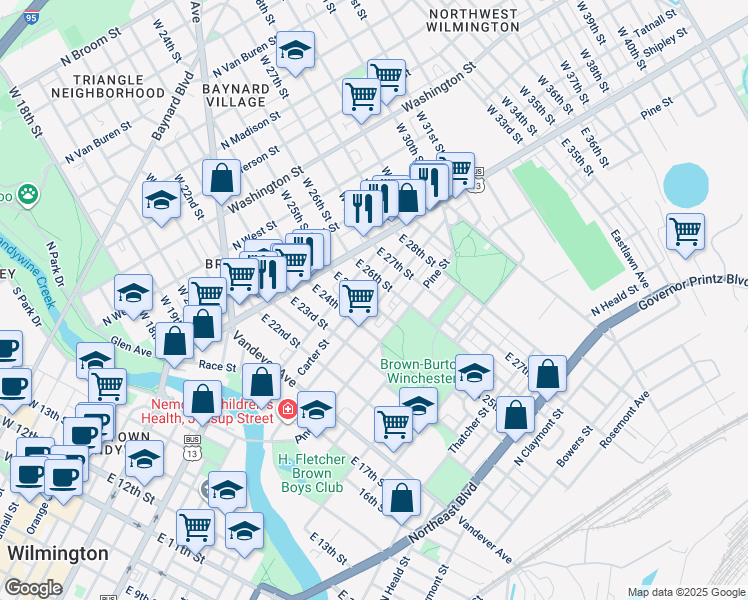 map of restaurants, bars, coffee shops, grocery stores, and more near 211 East 25th Street in Wilmington