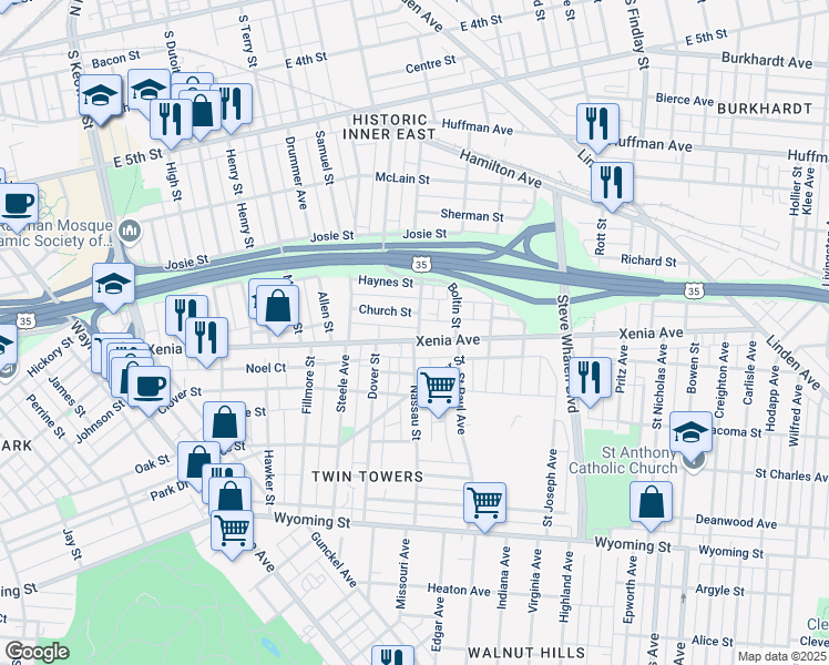 map of restaurants, bars, coffee shops, grocery stores, and more near 737 Xenia Ave in Dayton