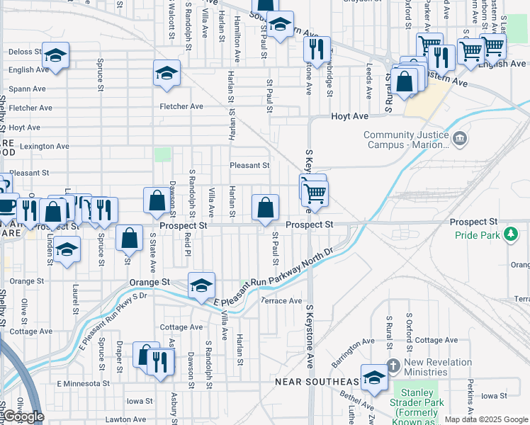 map of restaurants, bars, coffee shops, grocery stores, and more near 1046 Saint Paul Street in Indianapolis