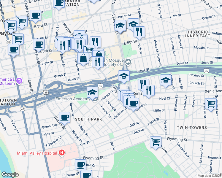 map of restaurants, bars, coffee shops, grocery stores, and more near 735 Wayne Avenue in Dayton