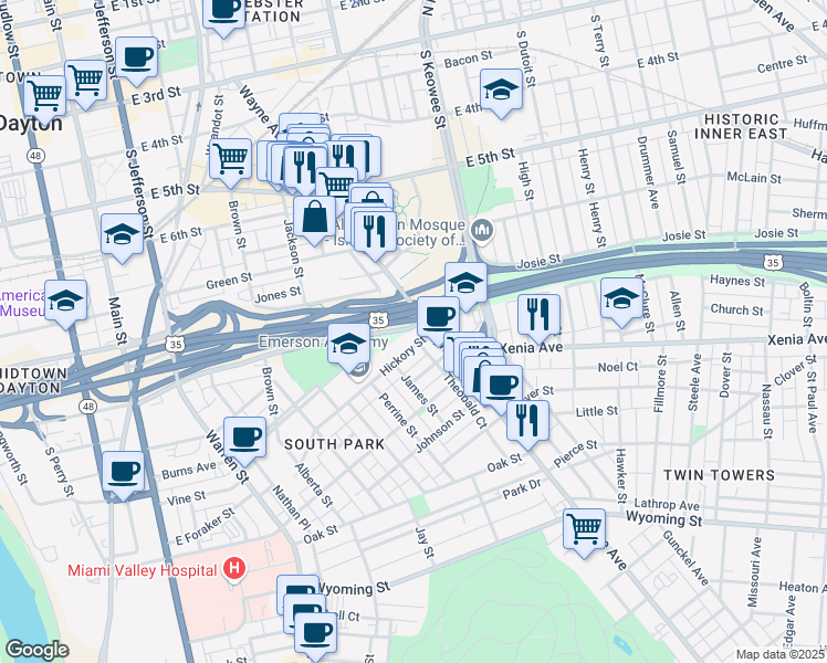 map of restaurants, bars, coffee shops, grocery stores, and more near 735 Wayne Ave in Dayton