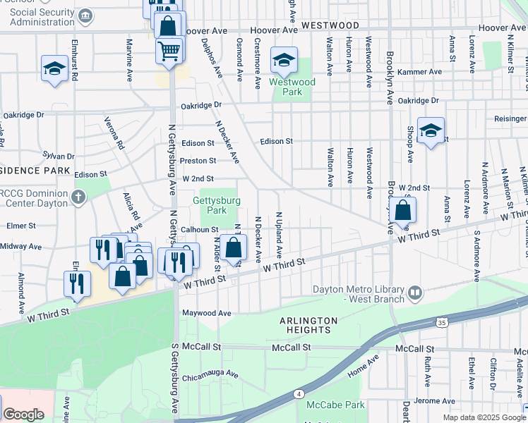 map of restaurants, bars, coffee shops, grocery stores, and more near 124 North Decker Avenue in Dayton