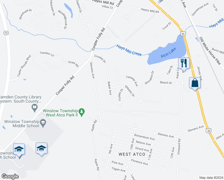 map of restaurants, bars, coffee shops, grocery stores, and more near 120 Baker Avenue in Atco