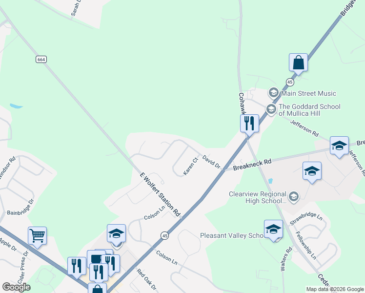 map of restaurants, bars, coffee shops, grocery stores, and more near 127 Karen Court in Mullica Hill