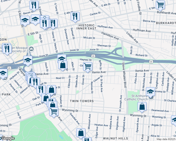 map of restaurants, bars, coffee shops, grocery stores, and more near 737 Xenia Avenue in Dayton