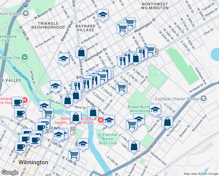map of restaurants, bars, coffee shops, grocery stores, and more near 16 East 24th Street in Wilmington