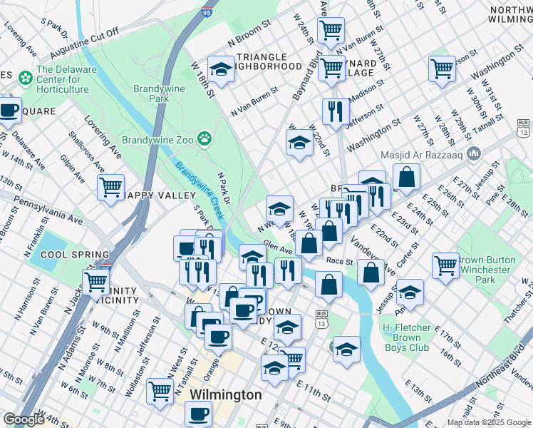 map of restaurants, bars, coffee shops, grocery stores, and more near 219 West 17th Street in Wilmington