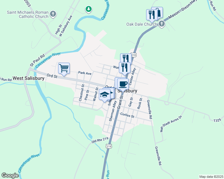 map of restaurants, bars, coffee shops, grocery stores, and more near 211 Ord Street in Salisbury