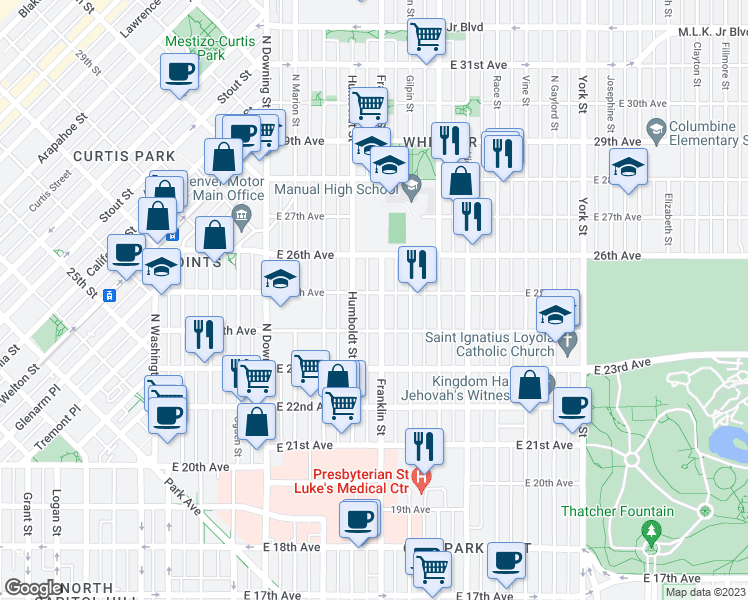 map of restaurants, bars, coffee shops, grocery stores, and more near 2449 Franklin Street in Denver