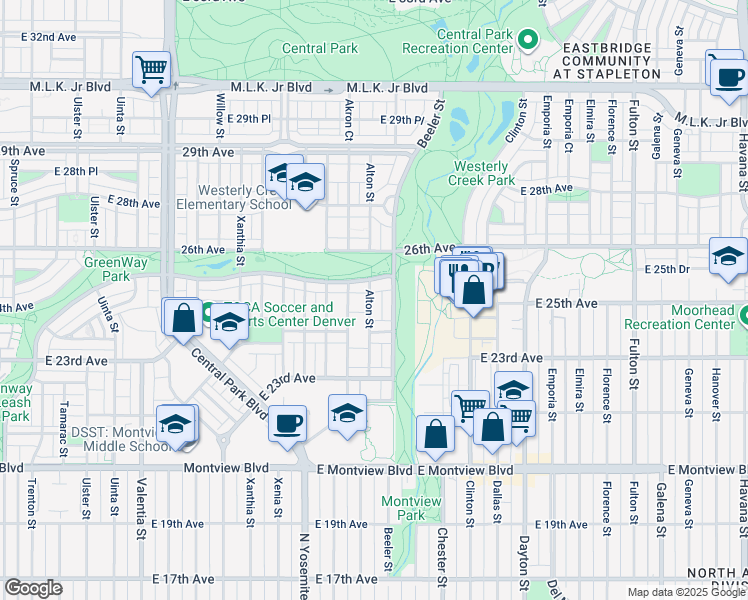 map of restaurants, bars, coffee shops, grocery stores, and more near 2542 Alton Street in Denver