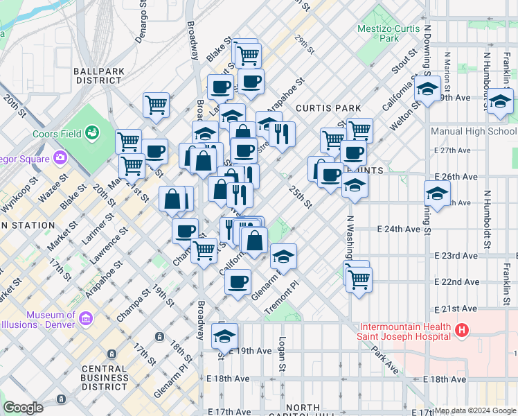 map of restaurants, bars, coffee shops, grocery stores, and more near 2370 Stout Street in Denver
