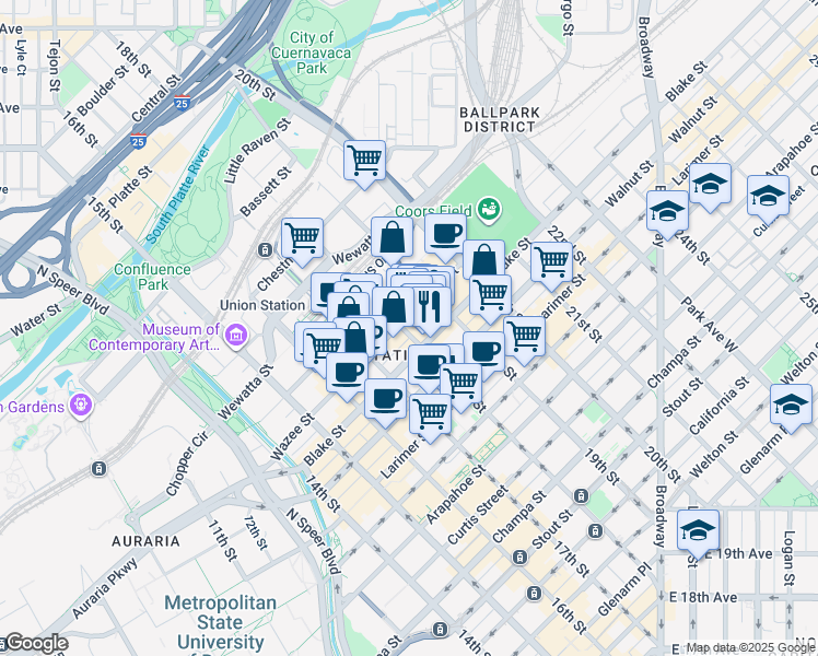 map of restaurants, bars, coffee shops, grocery stores, and more near in Denver