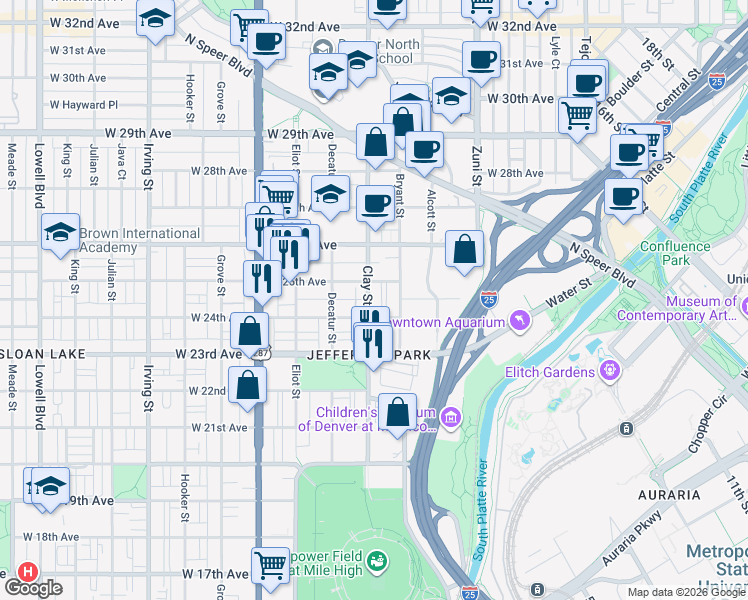 map of restaurants, bars, coffee shops, grocery stores, and more near 2426 Clay Street in Denver