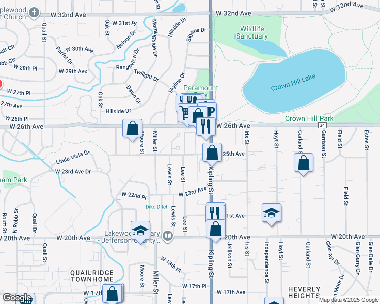 map of restaurants, bars, coffee shops, grocery stores, and more near 10115 West 25th Avenue in Lakewood