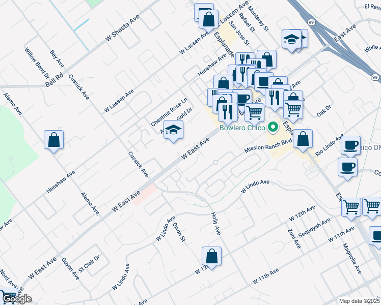 map of restaurants, bars, coffee shops, grocery stores, and more near in Chico