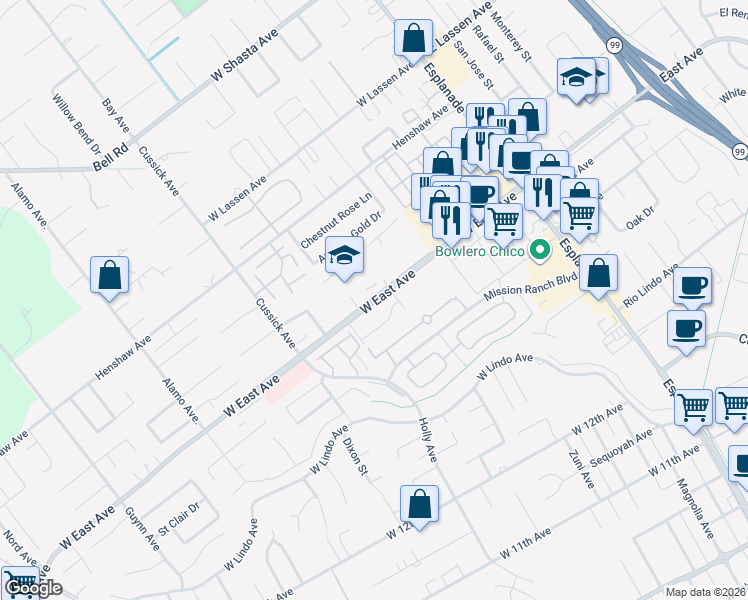 map of restaurants, bars, coffee shops, grocery stores, and more near in Chico