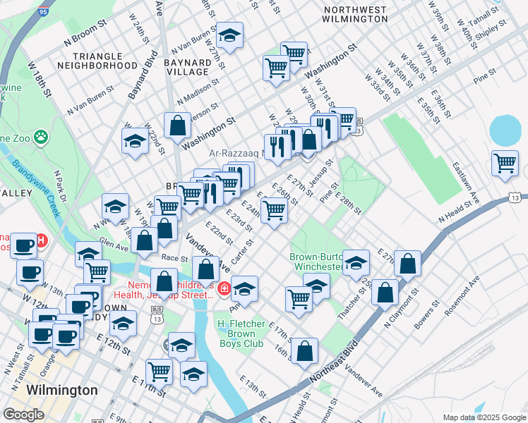 map of restaurants, bars, coffee shops, grocery stores, and more near 114 East 25th Street in Wilmington