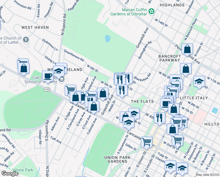 map of restaurants, bars, coffee shops, grocery stores, and more near 2708 West 5th Street in Wilmington