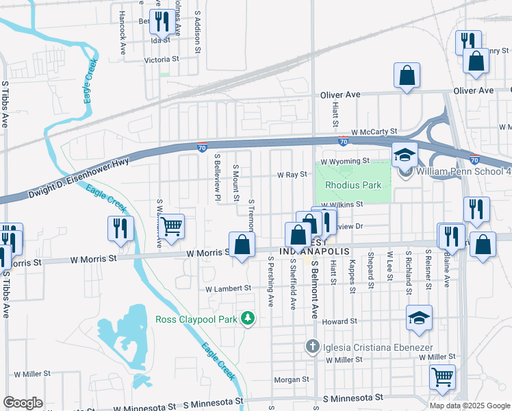 map of restaurants, bars, coffee shops, grocery stores, and more near 1051 South Tremont Street in Indianapolis
