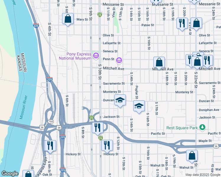 map of restaurants, bars, coffee shops, grocery stores, and more near 1513 South 11th Street in Saint Joseph