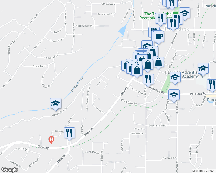 map of restaurants, bars, coffee shops, grocery stores, and more near 544 Horseshoe Hill Drive in Paradise