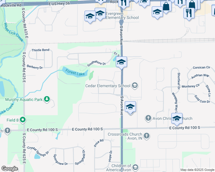 map of restaurants, bars, coffee shops, grocery stores, and more near 6884 Maywood Circle in Avon