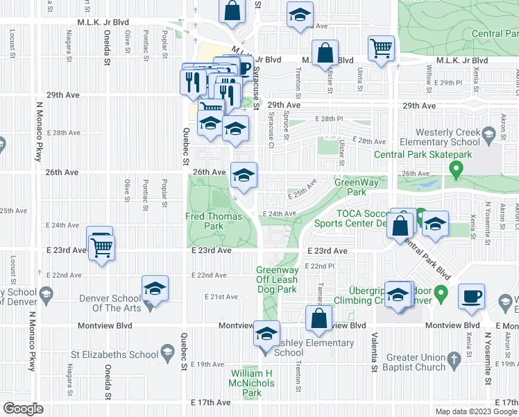 map of restaurants, bars, coffee shops, grocery stores, and more near 2458 Syracuse Street in Denver