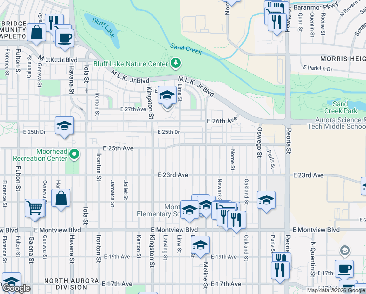 map of restaurants, bars, coffee shops, grocery stores, and more near 2396 Lima Street in Aurora