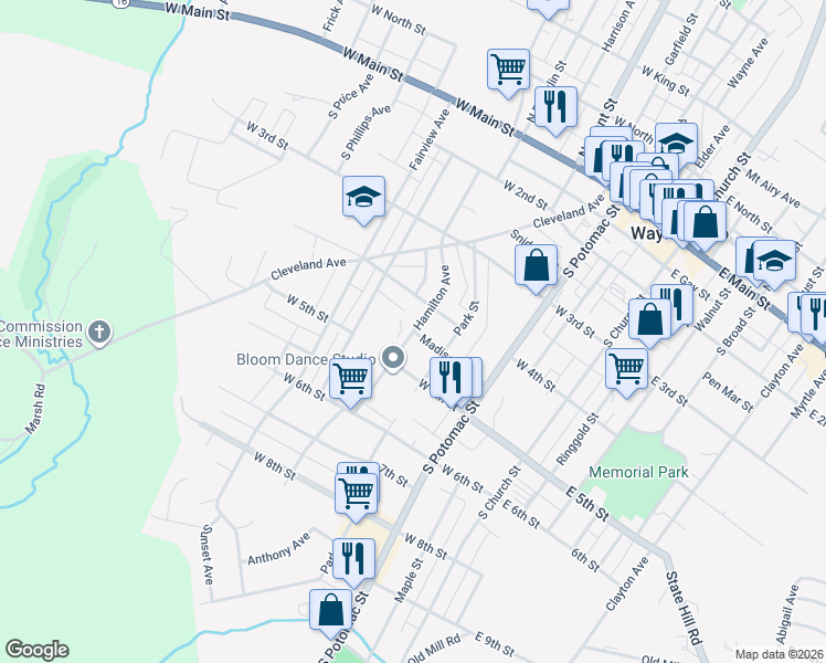 map of restaurants, bars, coffee shops, grocery stores, and more near 348 Hamilton Avenue in Waynesboro
