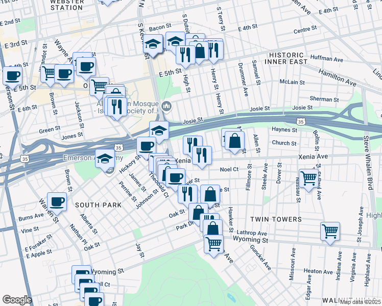 map of restaurants, bars, coffee shops, grocery stores, and more near 166 Kastner Avenue in Dayton