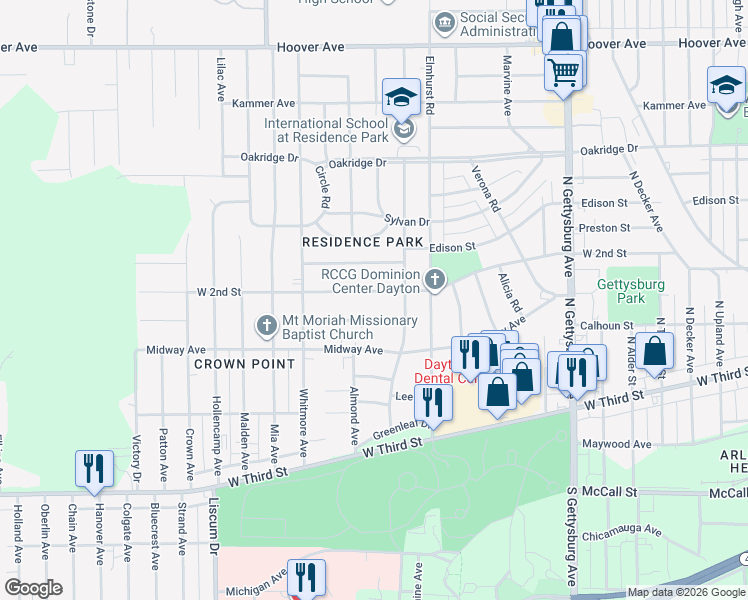 map of restaurants, bars, coffee shops, grocery stores, and more near 4514 West 2nd Street in Dayton
