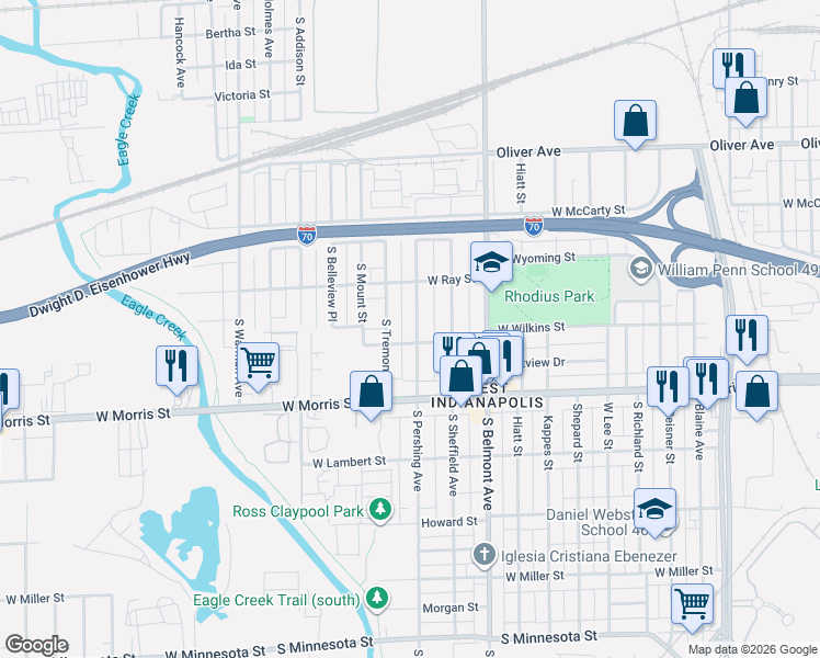 map of restaurants, bars, coffee shops, grocery stores, and more near 1051 South Tremont Street in Indianapolis