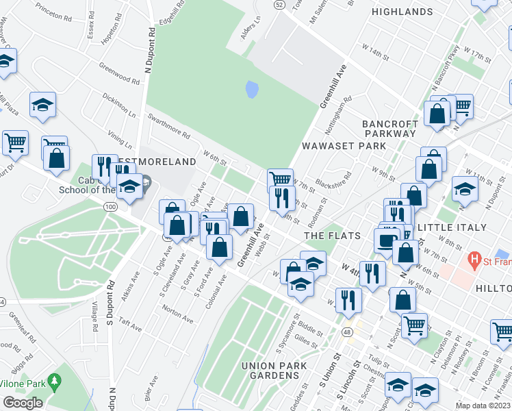 map of restaurants, bars, coffee shops, grocery stores, and more near 2708 West 5th Street in Wilmington