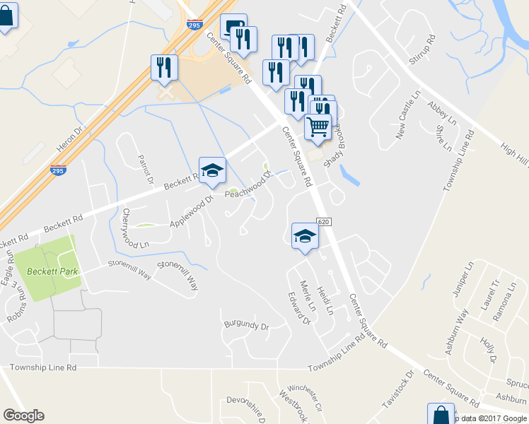 map of restaurants, bars, coffee shops, grocery stores, and more near 32 Hancock Street in Logan Township