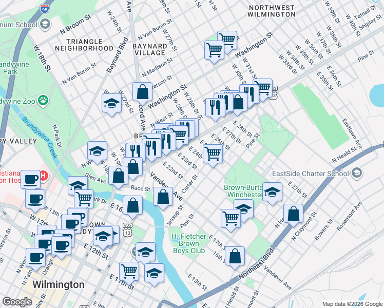 map of restaurants, bars, coffee shops, grocery stores, and more near 16 East 24th Street in Wilmington