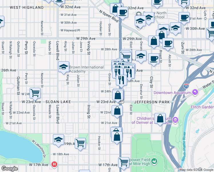 map of restaurants, bars, coffee shops, grocery stores, and more near 2427 Grove Street in Denver
