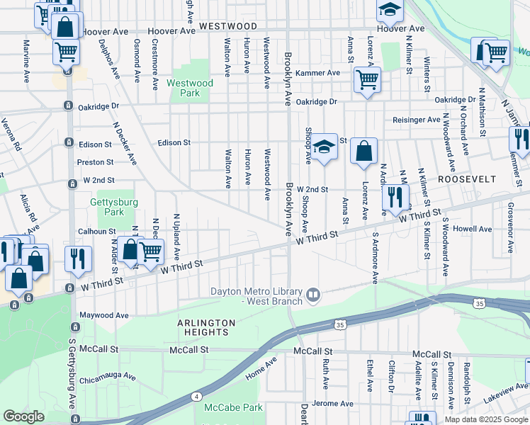 map of restaurants, bars, coffee shops, grocery stores, and more near 109 Westwood Avenue in Dayton