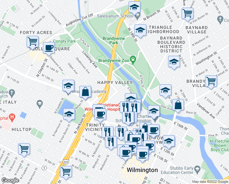 map of restaurants, bars, coffee shops, grocery stores, and more near 1421 North Adams Street in Wilmington