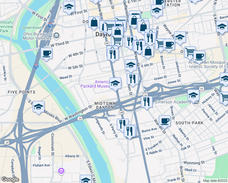 map of restaurants, bars, coffee shops, grocery stores, and more near 505 South Ludlow Street in Dayton