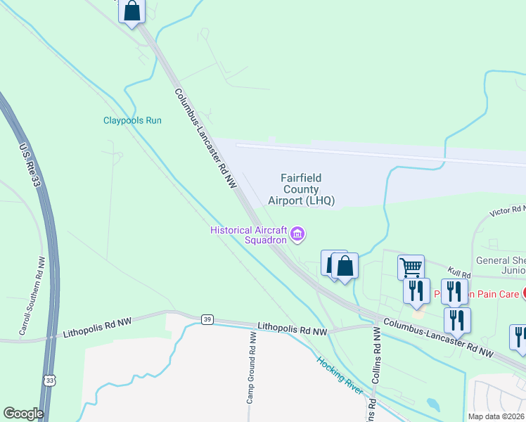 map of restaurants, bars, coffee shops, grocery stores, and more near 3335 Old Columbus Road Northwest in Carroll