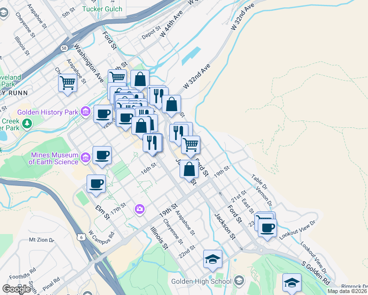 map of restaurants, bars, coffee shops, grocery stores, and more near 601 16th Street in Golden