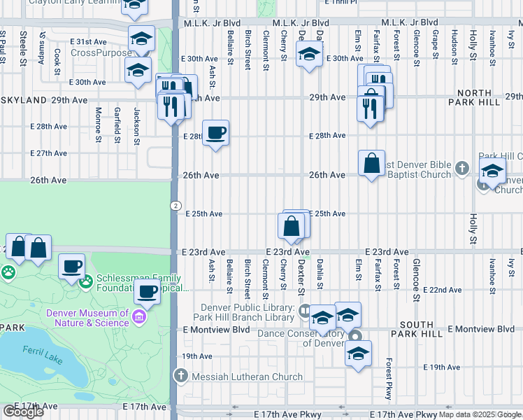 map of restaurants, bars, coffee shops, grocery stores, and more near 2505 Clermont Street in Denver