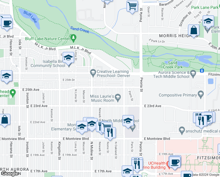 map of restaurants, bars, coffee shops, grocery stores, and more near 2398 Nome Street in Aurora