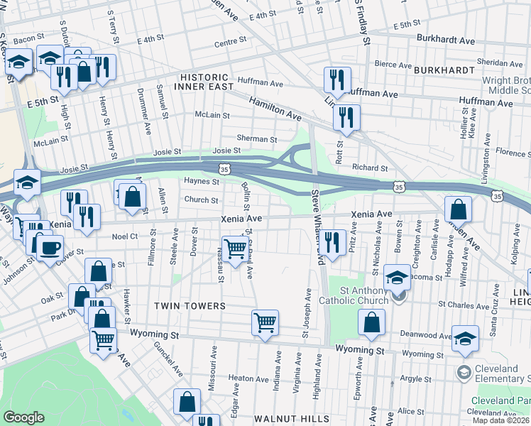 map of restaurants, bars, coffee shops, grocery stores, and more near 939 Xenia Avenue in Dayton