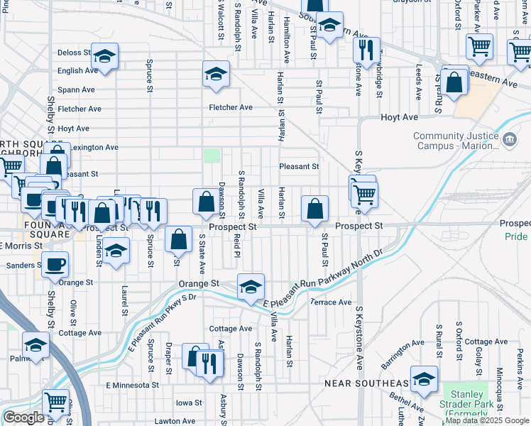 map of restaurants, bars, coffee shops, grocery stores, and more near 1049 Villa Avenue in Indianapolis