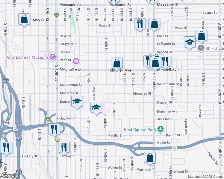 map of restaurants, bars, coffee shops, grocery stores, and more near 1508 South 17th Street in Saint Joseph