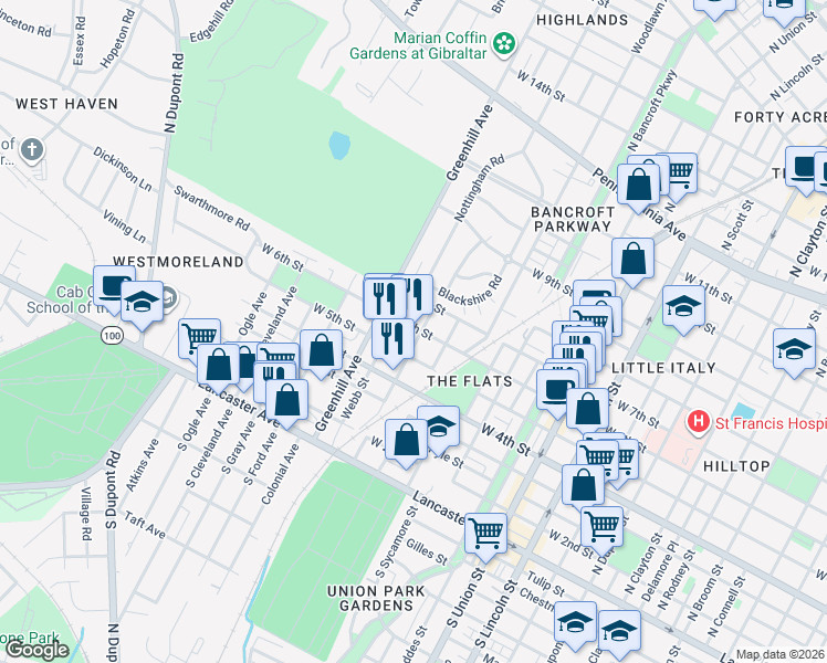 map of restaurants, bars, coffee shops, grocery stores, and more near 2502 West 6th Street in Wilmington