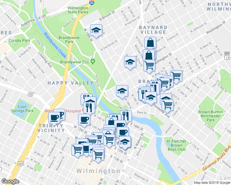 map of restaurants, bars, coffee shops, grocery stores, and more near 221 West 17th Street in Wilmington